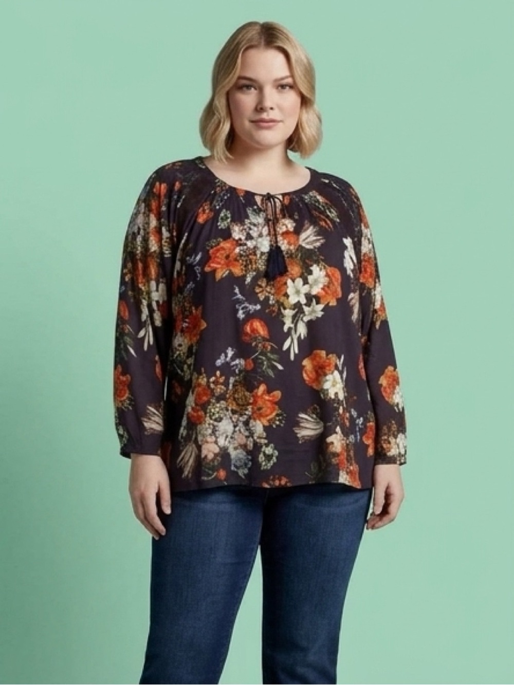 Vintage America Floral Peasant Blouse in Navy, Orange, Cream
